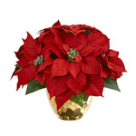 Nearly Natural 1963 11" Artificial Red Poinsettia Arrangement in Golden Vase