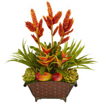 Nearly Natural A1186 27" Artificial Green & Red Tropical & Faux Fruit Arrangement in Metal Planter