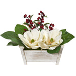 Nearly Natural 1882 14" Artificial Green & White Magnolias & Berries Arrangement in Chair Planter