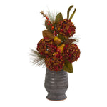 Nearly Natural A1329 26" Artificial Maroon Hydrangea, Pear & Magnolia Arrangement in Metal Vase