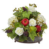 Nearly Natural A1082 14" Artificial Green & White Rose, Hydrangea & Faux Fruits Arrangement in Metal Tray