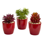 Nearly Natural 8449-S3 8" Artificial Green & Maroon Mixed Succulent Plant in Red Vase, Set of 3