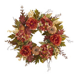 Nearly Natural 24`` Peony, Hydrangea and Pumpkin Fall Artificial Wreath
