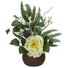 Nearly Natural A1249 14" Artificial Green Rose & Eucalyptus Arrangement in Stone Brown Vase