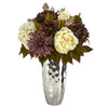 Nearly Natural 22``Peony, Hydrangea and Dahlia Artificial Arrangement in Silver Vase