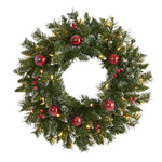 Nearly Natural 24`` Frosted Artificial Christmas Wreath with 50 Warm White LED Lights, Ornaments and Berries