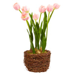 Nearly Natural 4289 20" Artificial Green & Pink Tulip Arrangement in Twig Vase