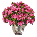 Nearly Natural 8797 17" Artificial Green & Pink Azalea Plant in Silver Planter