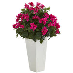 Nearly Natural 6374 31" Artificial Green & Pink Bougainvillea Plant in White Tower Planter