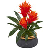 Nearly Natural P1058 14" Artificial Green & Orange Triple Bromeliad Plant in Stoneware Planter