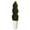 Nearly Natural 5773 5.5' Artificial Green Double Pond Cypress Spiral Topiary Tree in White Tower Planter, UV Resistant (Indoor/Outdoor)