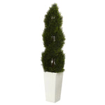 Nearly Natural 5773 5.5' Artificial Green Double Pond Cypress Spiral Topiary Tree in White Tower Planter, UV Resistant (Indoor/Outdoor)