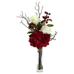 Nearly Natural 1385 19.5" Artificial Red & White Merry Christmas Rose Hydrangea Arrangement in Glass Vase