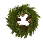 Nearly Natural 26`` Cypress with Berries and Pine Cones Artificial Wreath