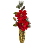 Nearly Natural 1922 30" Artificial Red Magnolia & Pine Arrangement in Gold Vase