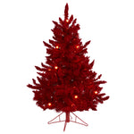 Nearly Natural 4` Red Flocked Fraser Fir Artificial Christmas Tree with 100 Red Lights, 14 Globe Bulbs and 270 Bendable Branches