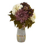 Nearly Natural 17``Peony, Hydrangea and Dahlia Artificial Arrangement in Stoneware Vase with Gold Trimming