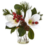 Nearly Natural 4548 12" Artificial Green & White Magnolia, Pine, & Berry in Glass Vase