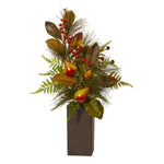 Nearly Natural A1132 26" Artificial Green Pears, Magnolia Leaf & Fern Arrangement in Weathered Brown Planter