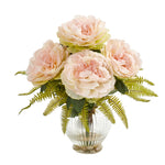 Nearly Natural Peony and Fern Artificial Arrangement in Glass Vase