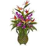 Nearly Natural 1712 Bird of Paradise, Orchid & Fern Artificial Arrangement in Metal Planter