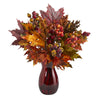 Nearly Natural 18``Maple Leaf and Berries Artificial Arrangement in Ruby Vase