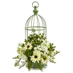 Nearly Natural Daisy Artificial Arrangement in Decorative Bird Cage
