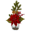 Nearly Natural A1061 16" Artificial Red Poinsettia, Berry & Pine Arrangement in Vase