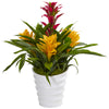 Nearly Natural 6304 17" Artificial Green, Red & Yellow Bromeliad in White Swirl Vase