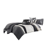 Benzara 7 Piece King Size Cotton Comforter Set with Geometric Print, Gray and Black