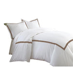 Benzara Larvik 3 Piece Cotton King Duvet Set with Satin Band, Brown and White