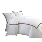 Benzara Larvik 3 Piece Cotton King Duvet Set with Satin Band, Brown and White