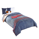Benzara 5 Piece Polyester Twin Comforter Set with Baseball Inspired Print, Blue