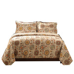 Benzara Elbe 3 Piece Queen Quilt Set with Medallion and Floral Pattern, Beige and Brown