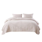 Benzara 3 Piece Microfiber King Size Quilt Set with Geometric Print, Cream