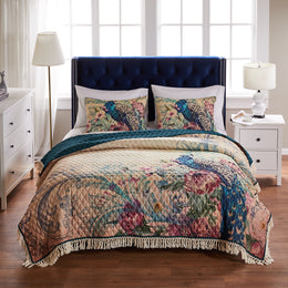 Greenland Home Fashions Eden Peacock 3-Piece Quilt Set – Ecru Bedding Ensemble