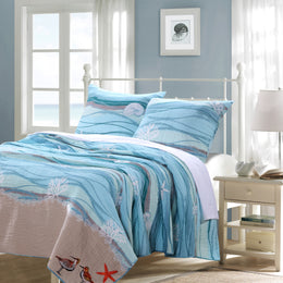 Greenland Home Fashions Maui Coastal Quilt Set – Embroidered Beach Design, Cotton-Linen Blend