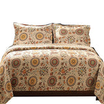 Benzara Elbe 3 Piece King Quilt Set with Medallion and Floral Pattern, Beige and Brown