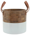 Sagebrook Home 16384 Wood, 14x12" Bucket With Leather Handles, Brown/White