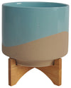 Sagebrook Home 16831-01 Ceramic, 5" Terracotta Stripes On Wooden Stand, Aqua