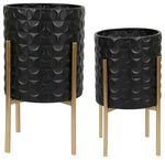 Sagebrook Home 12629-40 Set of 2 Textured Planters On Metal Stand, Black/Gold
