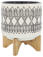 Sagebrook Home 16401-02 Ceramic 8" Aztec Planter On Wooden Stand, Gray