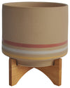 Sagebrook Home 16830-03 Ceramic 10" Terracotta Stripes On Wooden Stand, Beige
