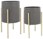Sagebrook Home 12629-34 Set of 2 Aztec Planter On Metal Stand, Gray/Gold