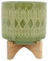 Sagebrook Home 15036-05 Ceramic 8" Aztec Planter On Wooden Stand, Olive