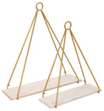 Benzara Metal Frame Triangular Wall Shelf with Ring Holder,Set of 2,White and Gold
