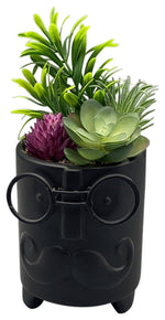 Sagebrook Home 16972-02 Ceramic 3.5" Face Planter with Artificial Plants, Black