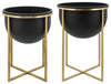 Sagebrook Home 16391-01 Metal Set of 2 11/12" Planters with Stand, Black/Gold