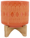 Sagebrook Home 15036-08 Ceramic 8" Aztec Planter On Wooden Stand, Orange