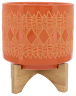 Sagebrook Home 15036-08 Ceramic 8" Aztec Planter On Wooden Stand, Orange